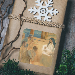 Vintage Christian Christmas Adoration Shepherds Square Sticker