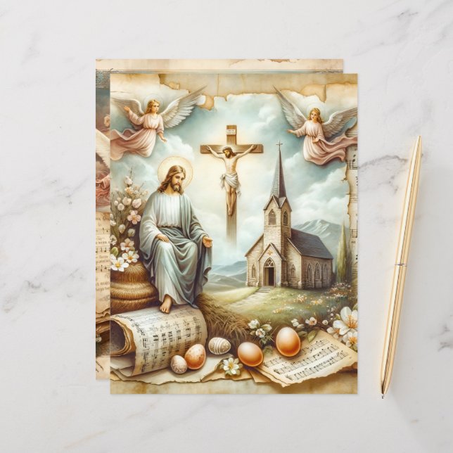 Vintage Christian Easter Scrapbook Paper (Front/Back In Situ)