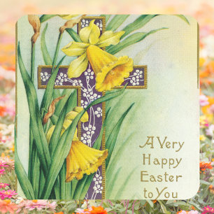 Vintage Christian Floral Cross Jesus Happy Easter Square Sticker