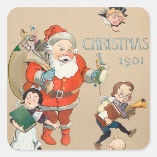Vintage Christmas 1901 Santa Claus and Child Square Sticker