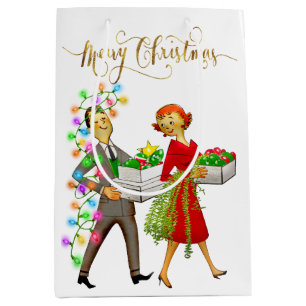 Vintage Christmas 1950's Couple Merry Christmas Medium Gift Bag