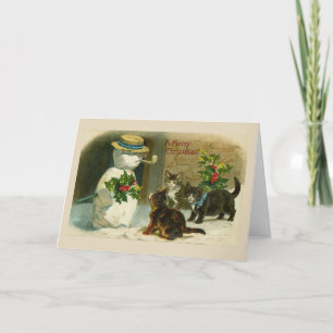 Vintage Christmas - 3 Kittens & a Snowman, Holiday Card