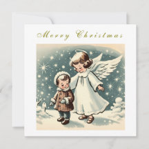 Vintage Christmas Angel and Child Flat Card