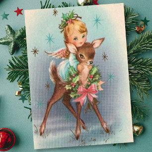 Vintage Christmas Angel And Deer Holiday Card