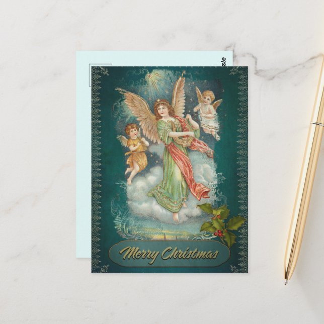 Vintage Christmas Angel & Cherubs Postcard (Front/Back In Situ)
