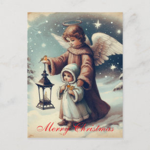 Vintage Christmas Angel , Child and Birds Postcard
