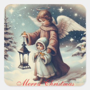 Vintage Christmas Angel , Child and Birds Square Sticker