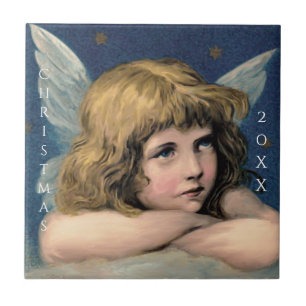 Vintage Christmas Angel Child White Wings Indigo Ceramic Tile