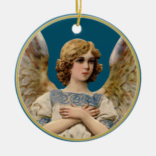 Vintage Christmas Angel Dark Teal Holiday Message Ceramic Ornament