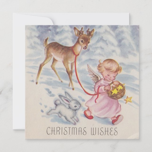 Vintage Christmas Angel Deer and Bunny Holiday Card (Front)