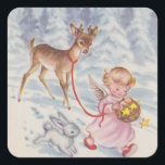 Vintage Christmas Angel Deer and Bunny Square Sticker<br><div class="desc">Vintage Christmas Angel Deer and Bunny.</div>