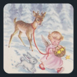 Vintage Christmas Angel Deer and Bunny Square Sticker<br><div class="desc">Vintage Christmas Angel Deer and Bunny.</div>