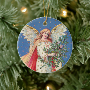 Vintage Christmas Angel Faux Gold Ceramic Ornament