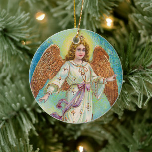 Vintage Christmas Angel Faux Gold Ceramic Ornament