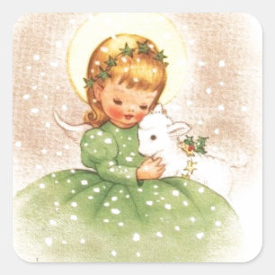 Vintage Christmas Angel Girl With Baby Lamb Square Sticker