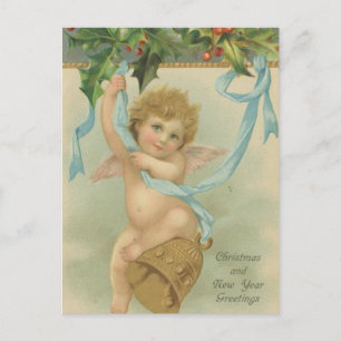 Vintage Christmas Angel Hanging From Holly Holiday Postcard