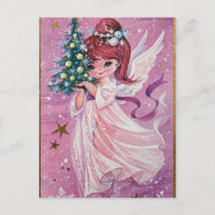 Vintage Christmas Angel Holding Tree Holiday Postcard