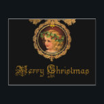 Vintage Christmas Angel Holiday Postcard<br><div class="desc">Striking design featuring a golden-haired cherub wearing a garland of holly in an ornate golden frame with gold holiday text on black background.</div>