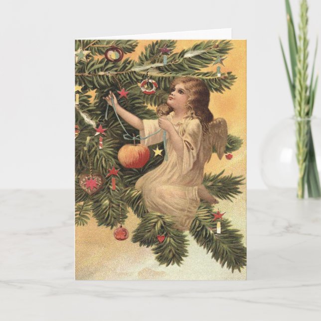 Vintage Christmas angel on tree Holiday Card (Front)