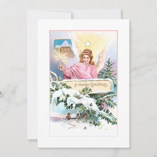 Vintage Christmas Angel, Star & Snow Covered Pine Holiday Card (Front)