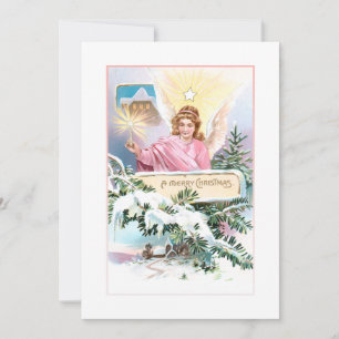 Vintage Christmas Angel, Star & Snow Covered Pine Holiday Card