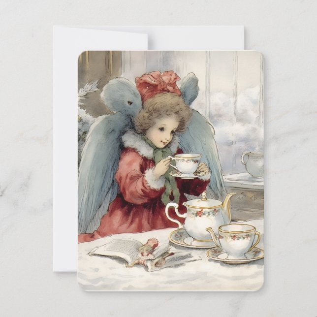 vintage christmas angel take a tea holiday card (Front)