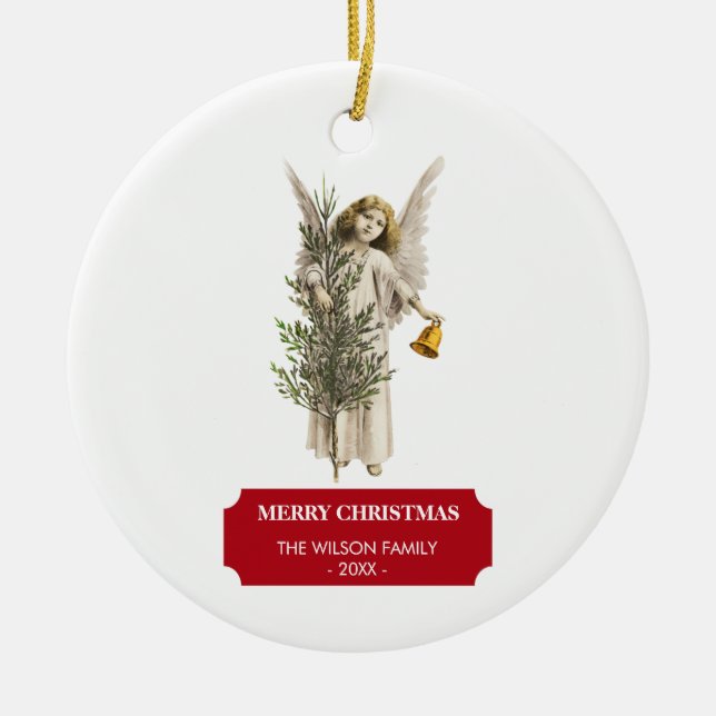 Vintage Christmas Angel & Tree Holiday  Ceramic Ornament (Front)