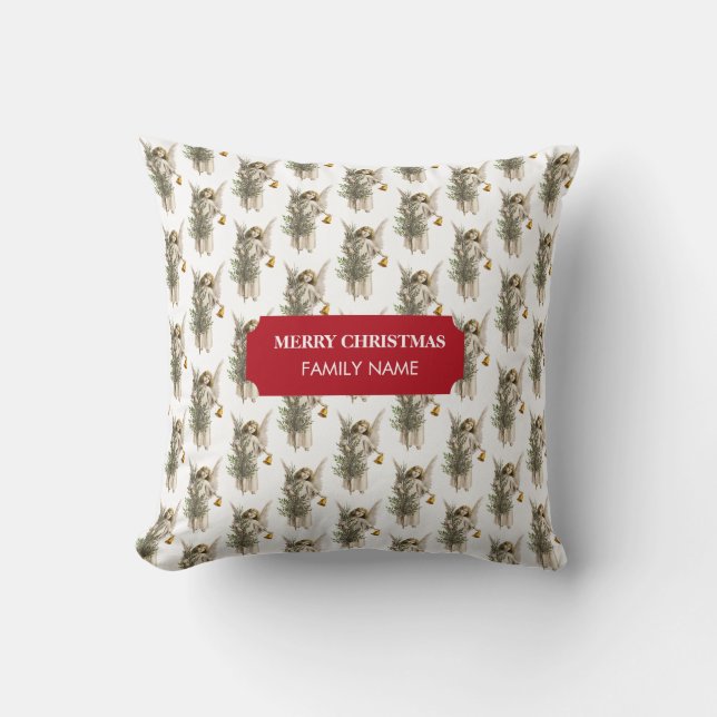 Vintage Christmas Angel & Tree Holiday Custom Name Cushion (Front)