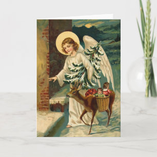 Vintage Christmas Angel with deer Holiday Card