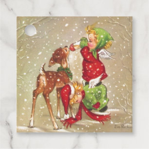 Vintage Christmas Angels Feeding Baby Deer Holiday Favour Tags