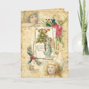 Vintage Christmas Angels, Holly & Poinsettias Holiday Card