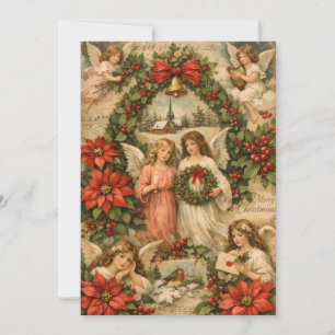 Vintage Christmas Angels, Poinsettia, Berries Holiday Card