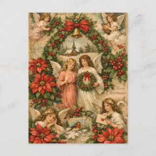 Vintage Christmas Angels, Poinsettia, Berries  Postcard