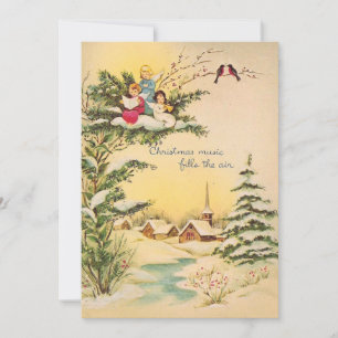 Vintage Christmas Angels Singing Above Church Holiday Card