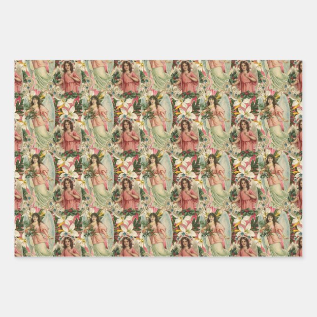 Vintage Christmas Angels Wrapping Paper Sheet (Front)