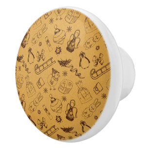 vintage christmas animals and bird hand drawn ceramic knob