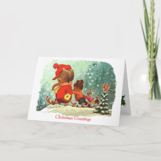 Vintage  Christmas,  Animals learning to ski Holiday Card