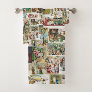 Vintage Christmas Antique Collage  Bath Towel Set