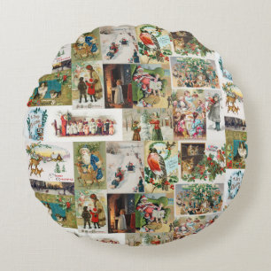 Vintage Christmas Antique Collage Round Cushion