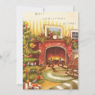 Vintage Christmas Around The Fireplace Holiday Card