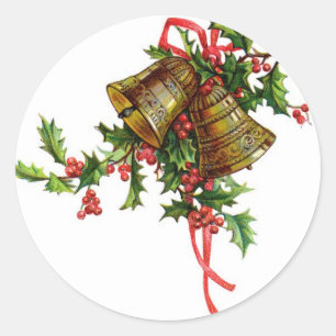 Vintage Christmas art Holly and Bells decorations Classic Round Sticker