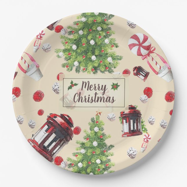 Vintage Christmas Art Pattern Paper Plate (Front)