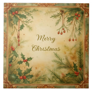 Vintage,Christmas Artwork Merry Christmas Pattern Ceramic Tile