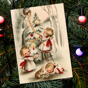 Vintage Christmas Baby Angels Decorate Tree Holiday Card