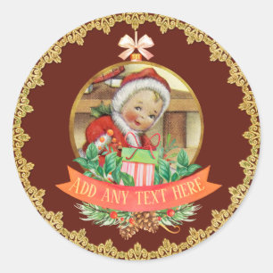 Vintage Christmas Baby Gender Reveal Red Gold Classic Round Sticker