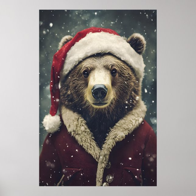 Vintage Christmas Bear Print, Festive Holiday Poster (Front)