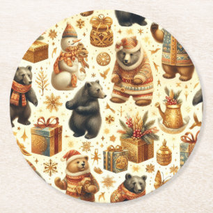 Vintage Christmas Bear Round Paper Coaster