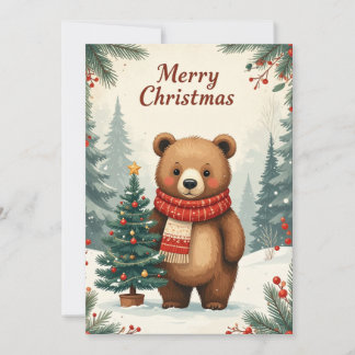 Vintage Christmas Bear Scarf Cosy Holiday Tree Card