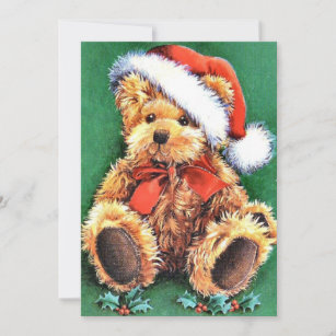 Vintage Christmas Bear Wearing Santa Hat Holiday Card