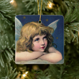 Vintage Christmas, Beautiful Angel with Gold Stars Ceramic Ornament